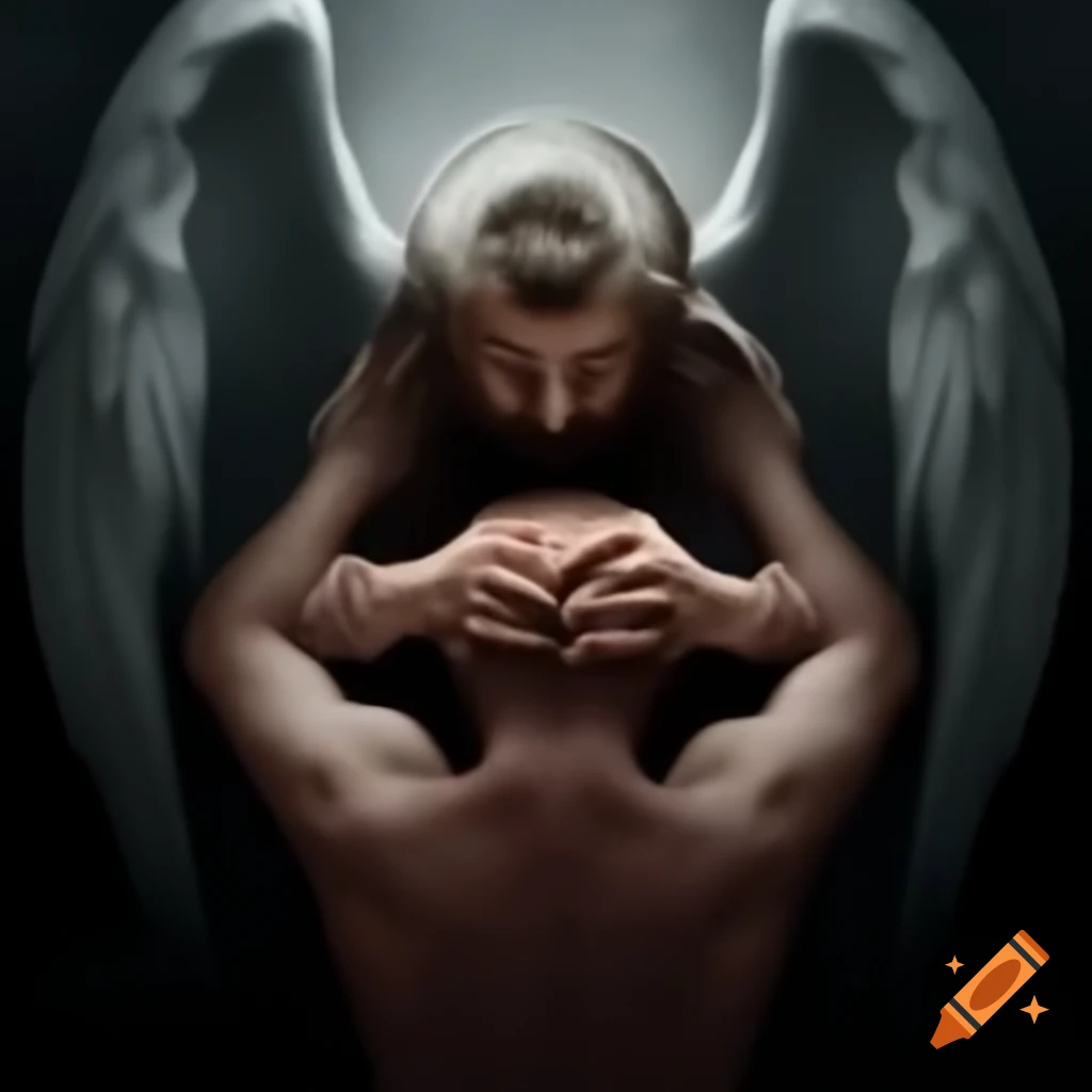 Man expressing mental health struggle with angel and devil imagery