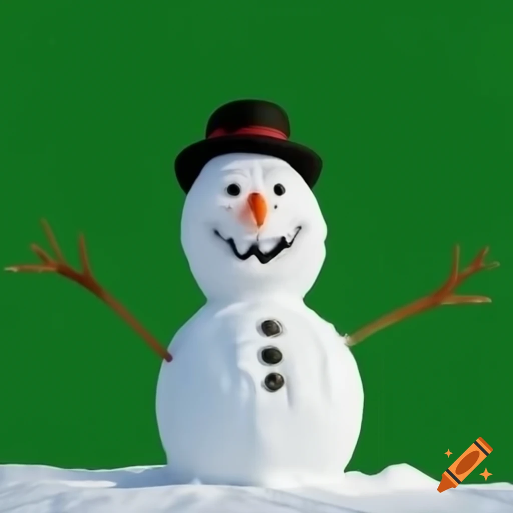 Snowman before and after melting on bright green background