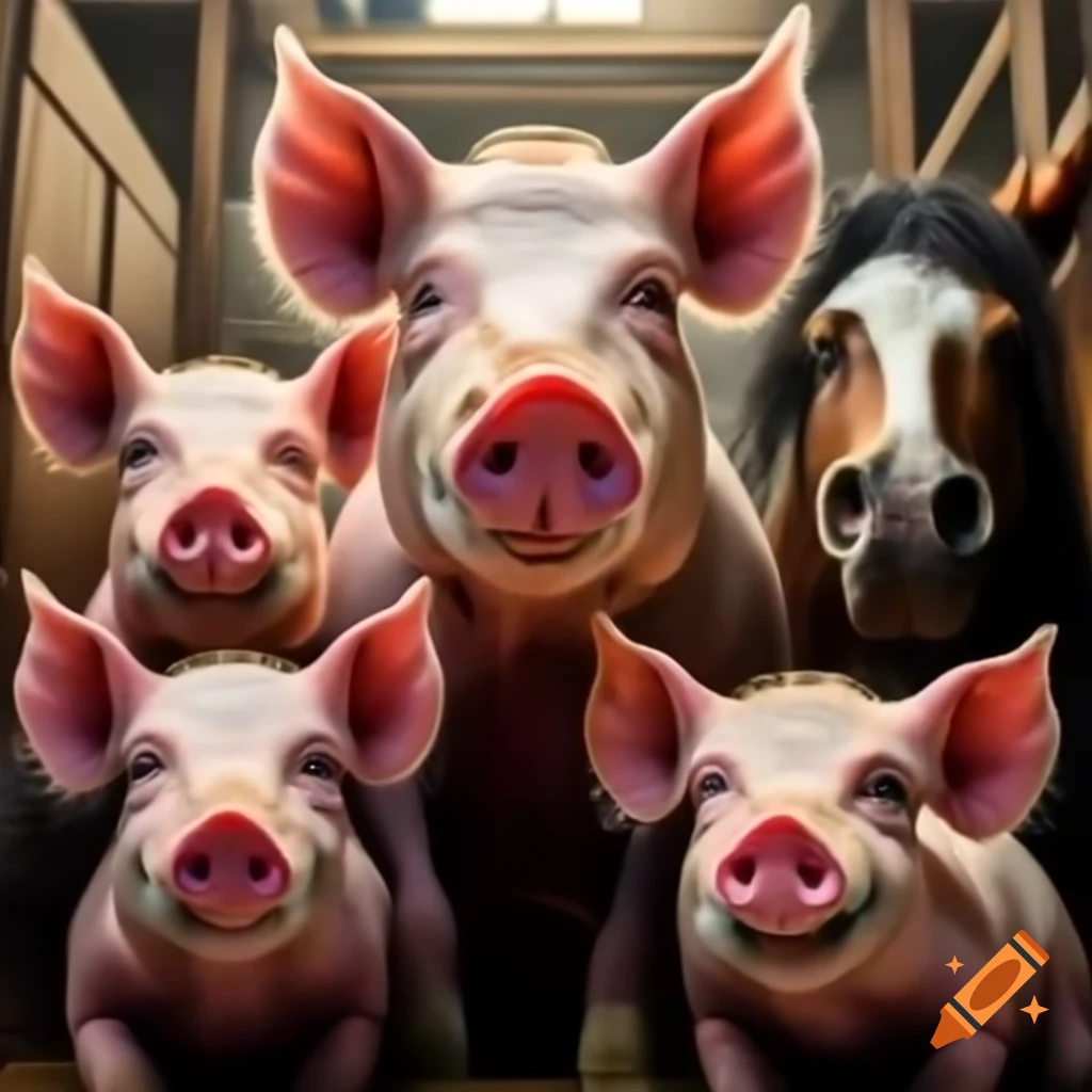 Three pigs and a horse posing for a selfie
