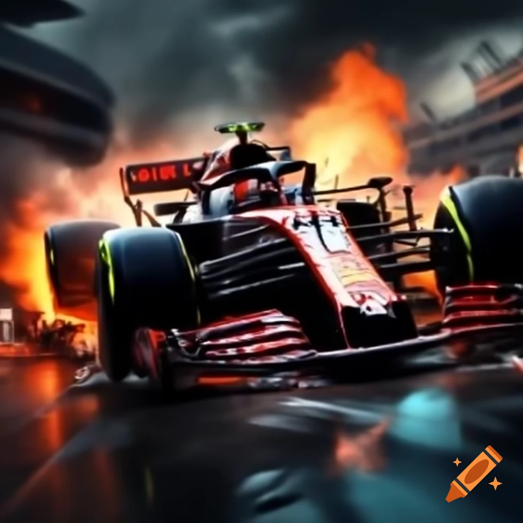 Dramatic scene of Formula 1 car crash with flames and smoke on racetrack