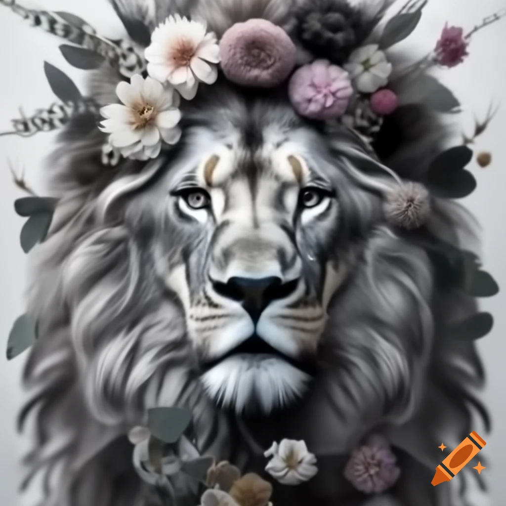 Black and white lion head with flowing mane and flower crown