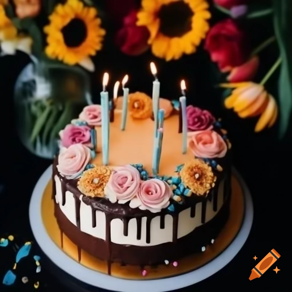 Birthday cake decorated with candles, sprinkles, roses, and sunflowers