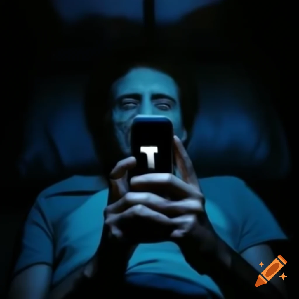 Man in dark room holding phone with black screen, horror style