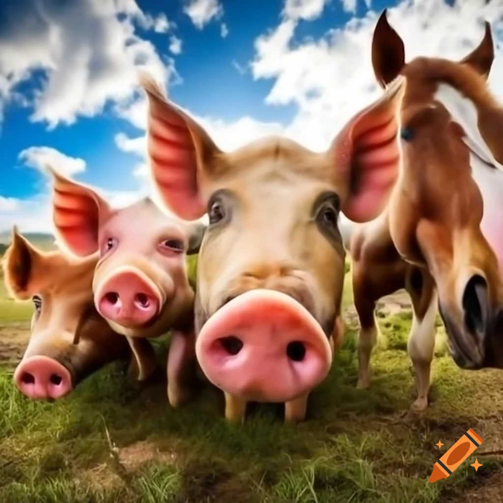 Three pigs and a horse posing for a selfie