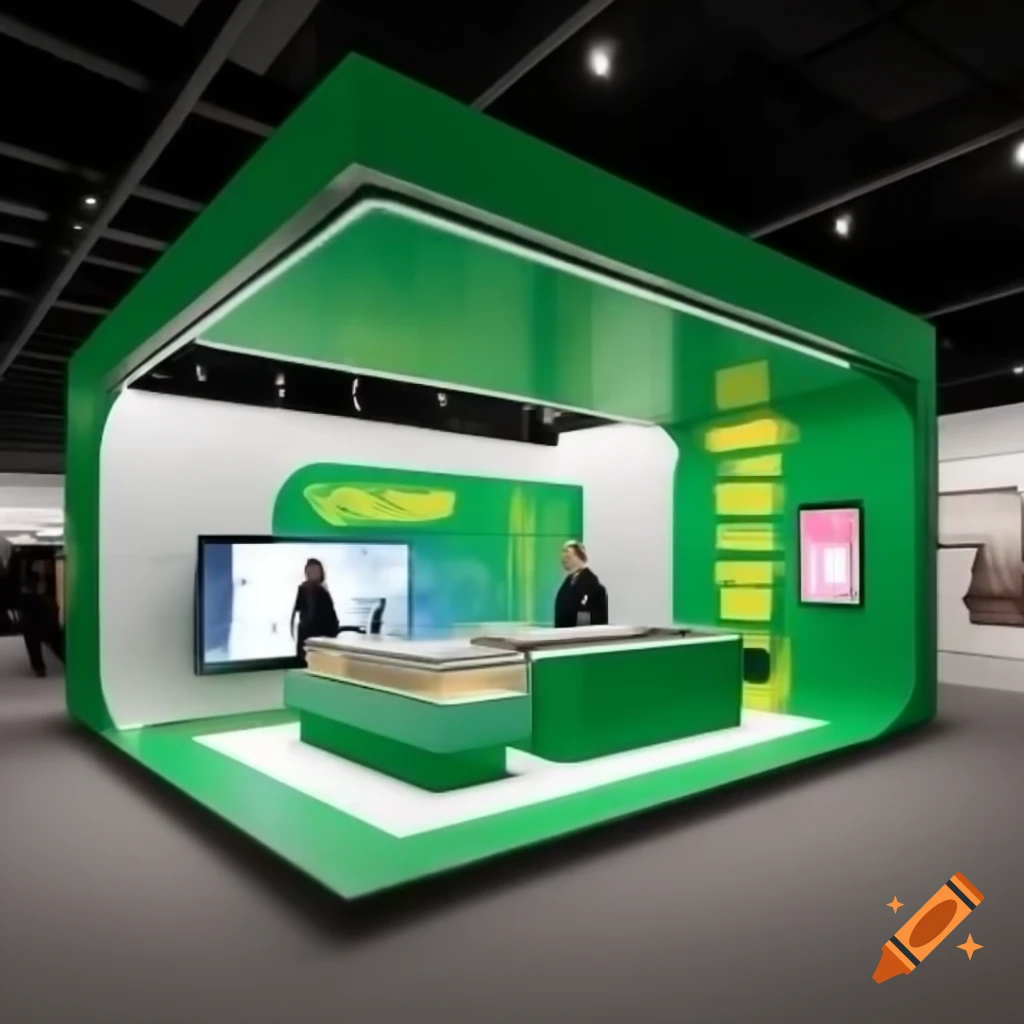 Futuristic exhibition booth for construction company with green and yellow branding