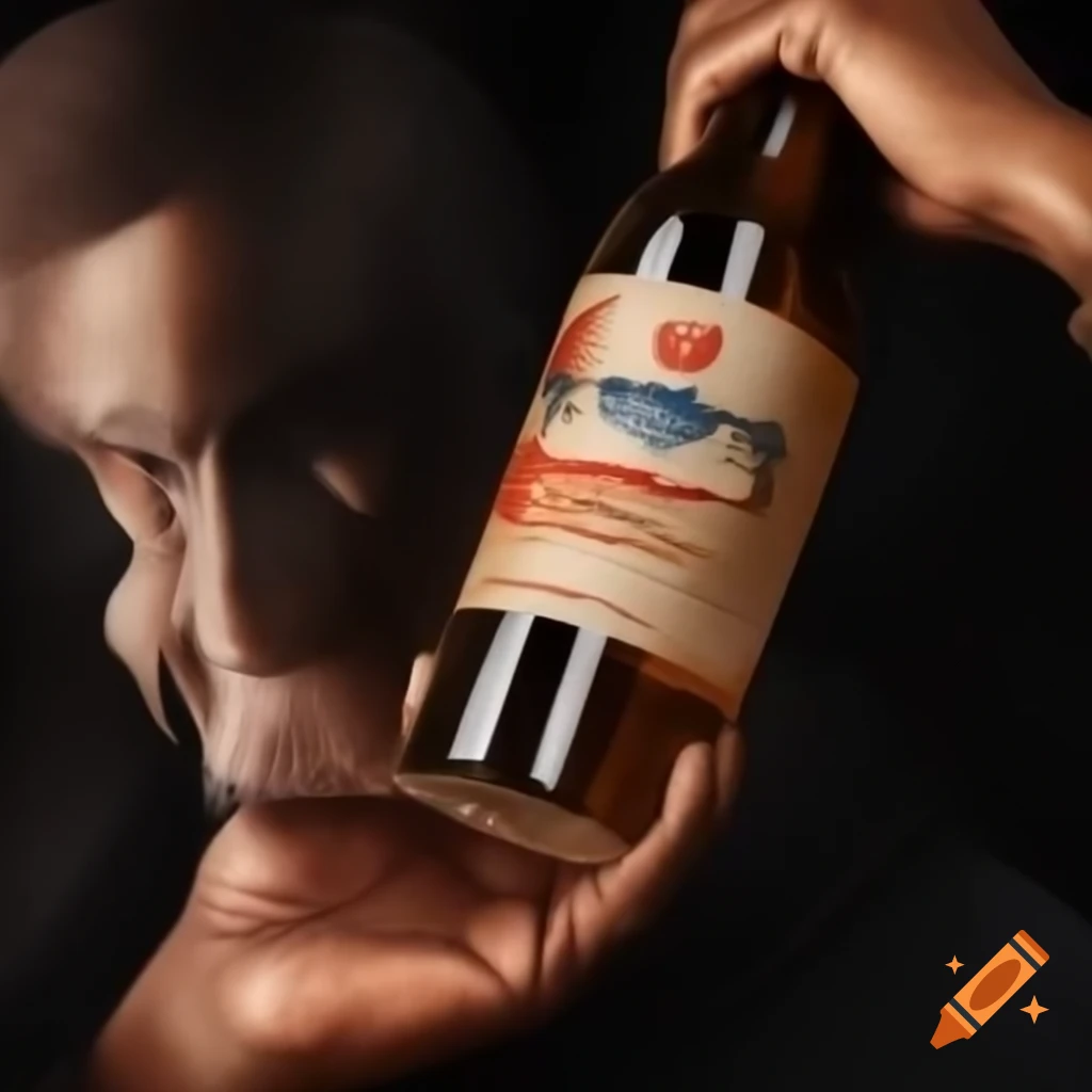 Man holding bottle with another man saying Ham al-Ghoraneh, realistic depiction
