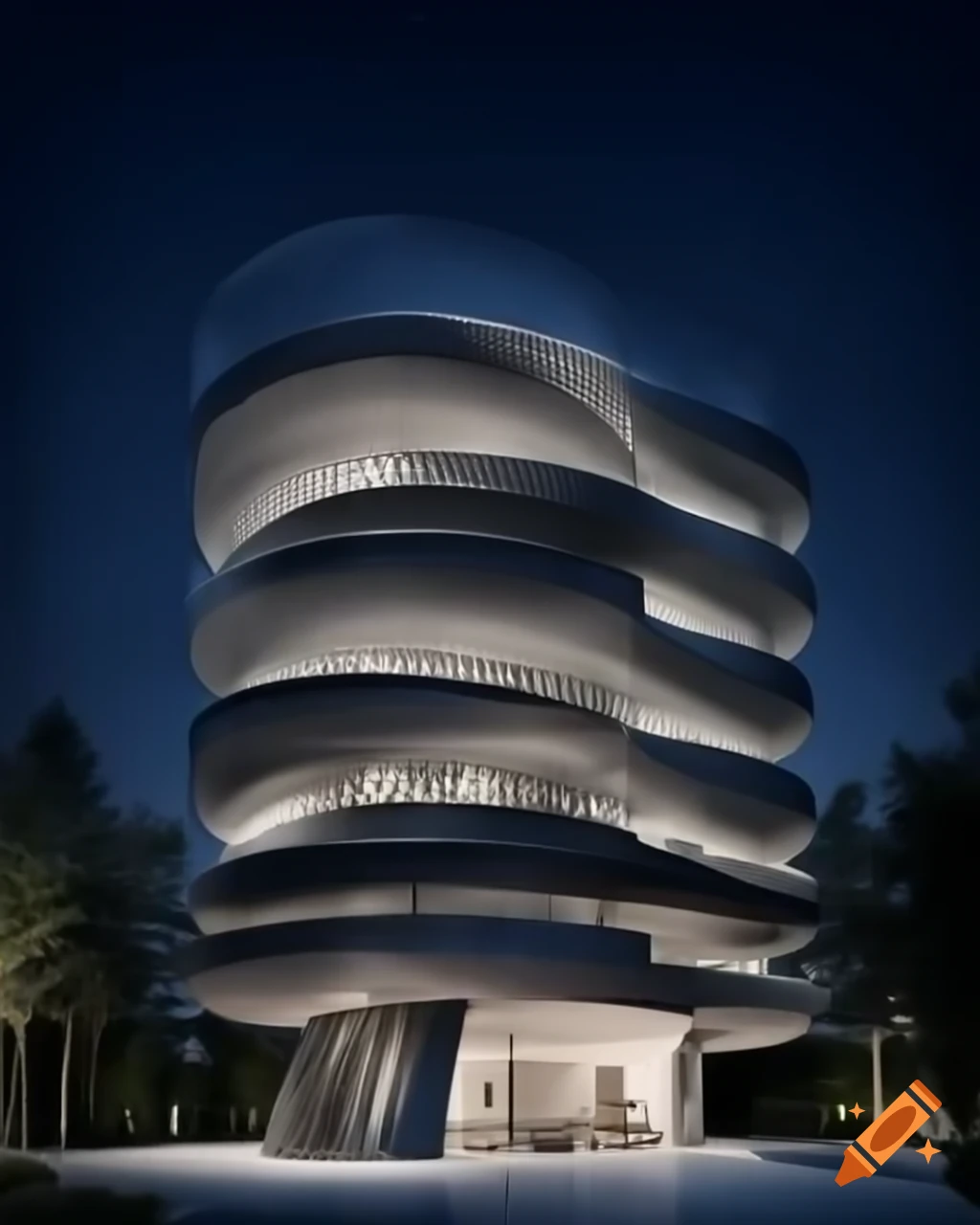 Futuristic residential buildings with spiral towers and glass facades