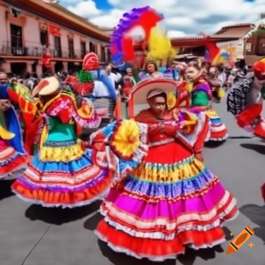 Participants in traditional costumes dancing carnavalito in festive Andean plaza, vibrant folk illustration style