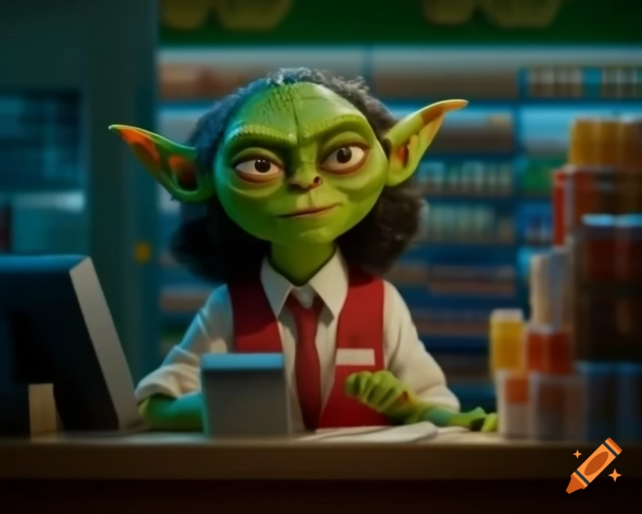 Green-skinned goblin girl cashier at grocery store