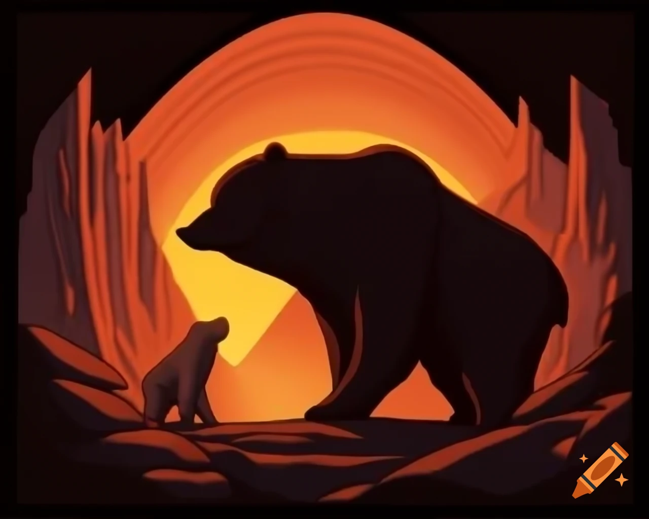 Bear emerging from mountain lair at sunrise with dramatic lighting