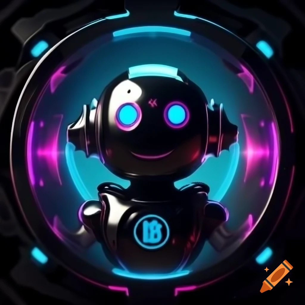 Futuristic robot head in circular frame, designed as crypto logo with angular retro-futuristic style