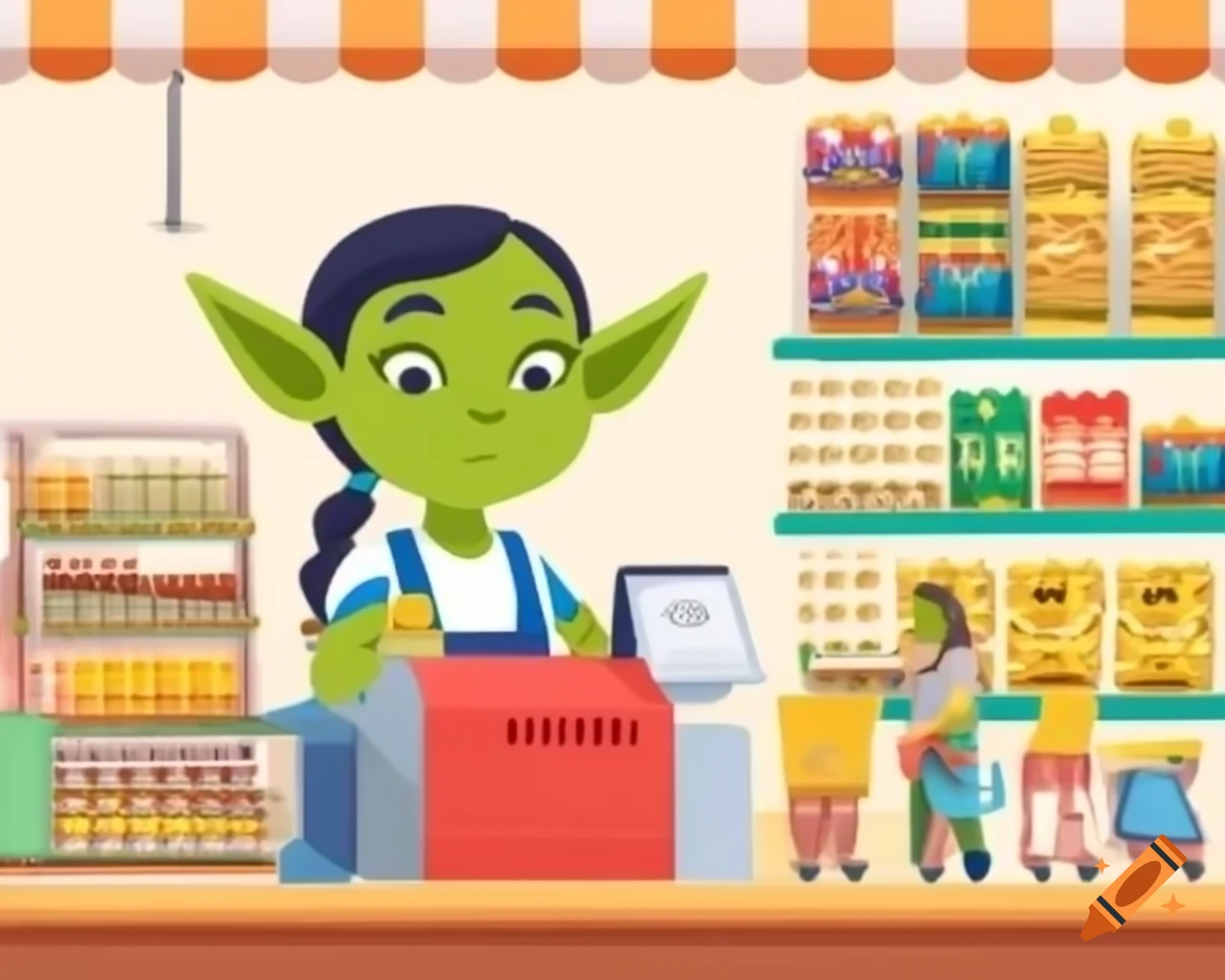 Cheerful green-skinned goblin girl cashier in grocery store