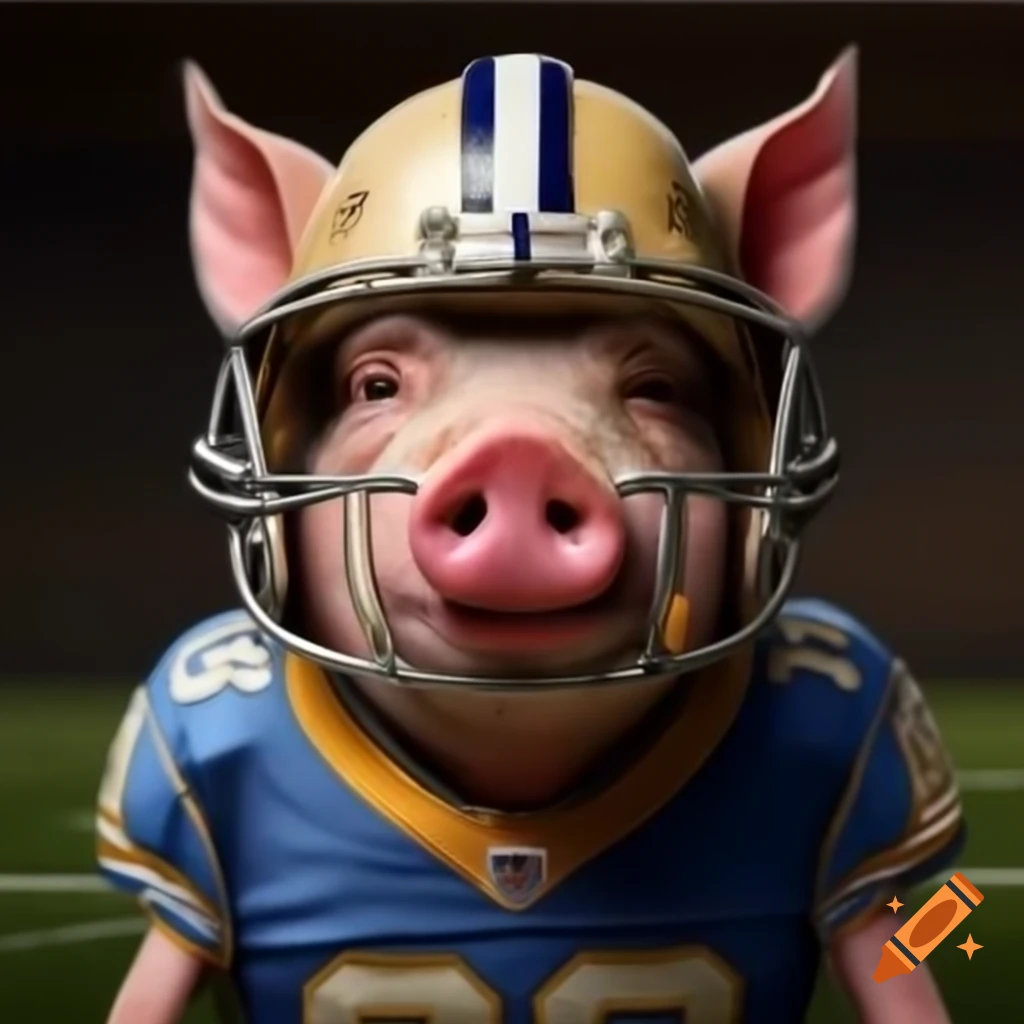 Humorous pig wearing football helmet