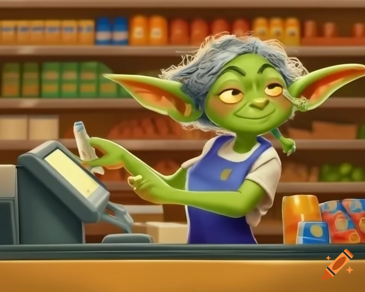 Cheerful green-skinned goblin girl cashier in grocery store