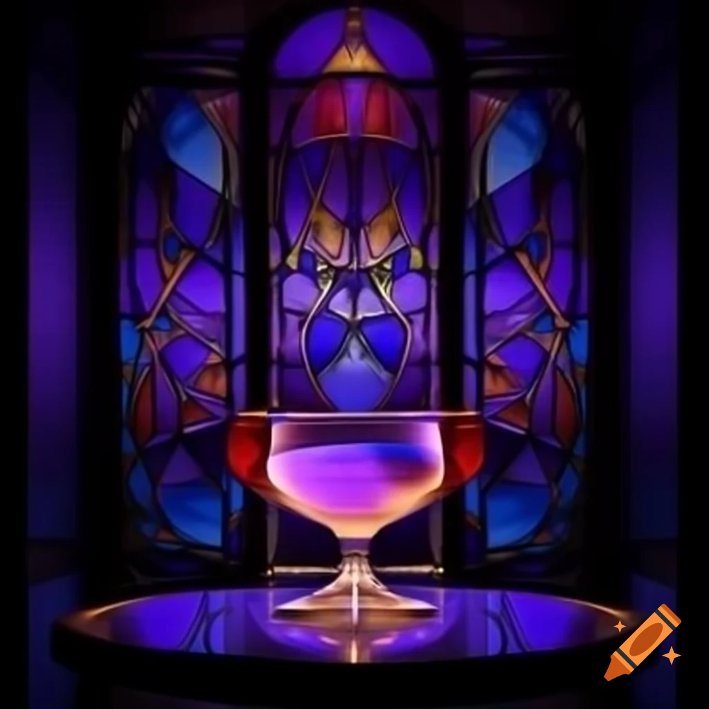 Stained glass-style album cover with elegant cocktail glass filled with glowing purple liquid