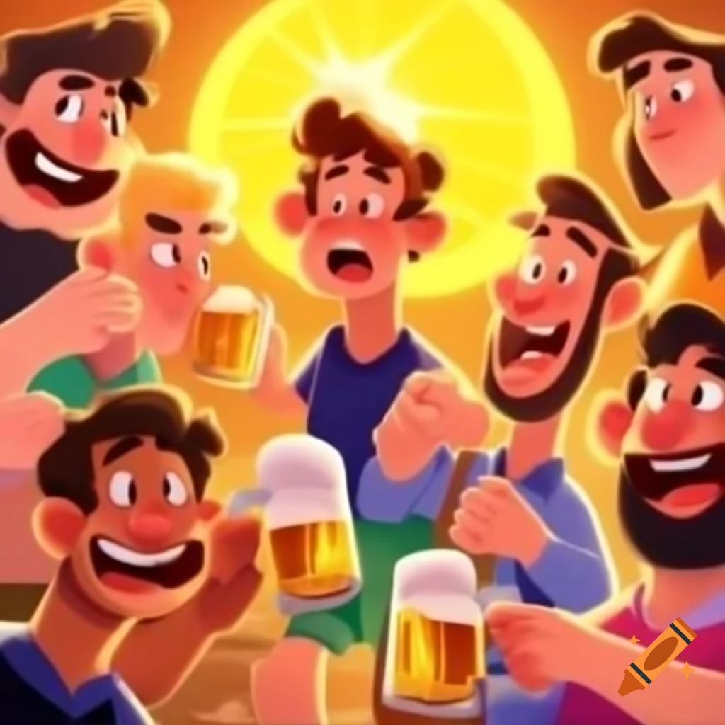Group of seven friends enjoying beer in the sun, animated style