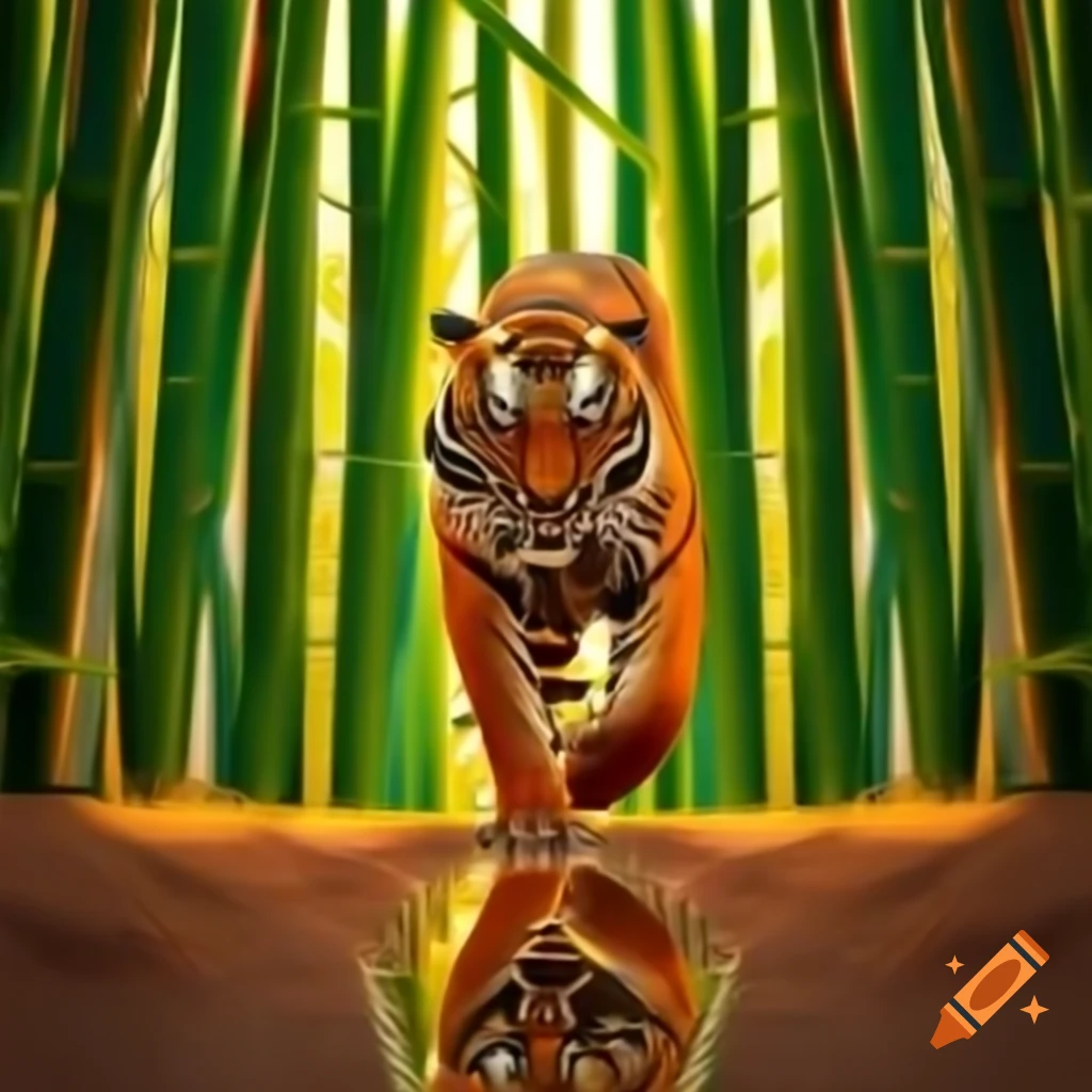 Tiger in foreground with bamboo stalks background