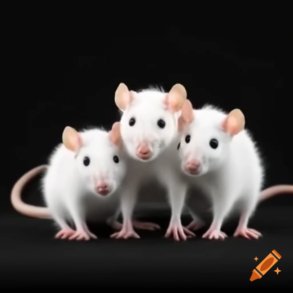 Three white African soft fur rats with black and red eyes on black background