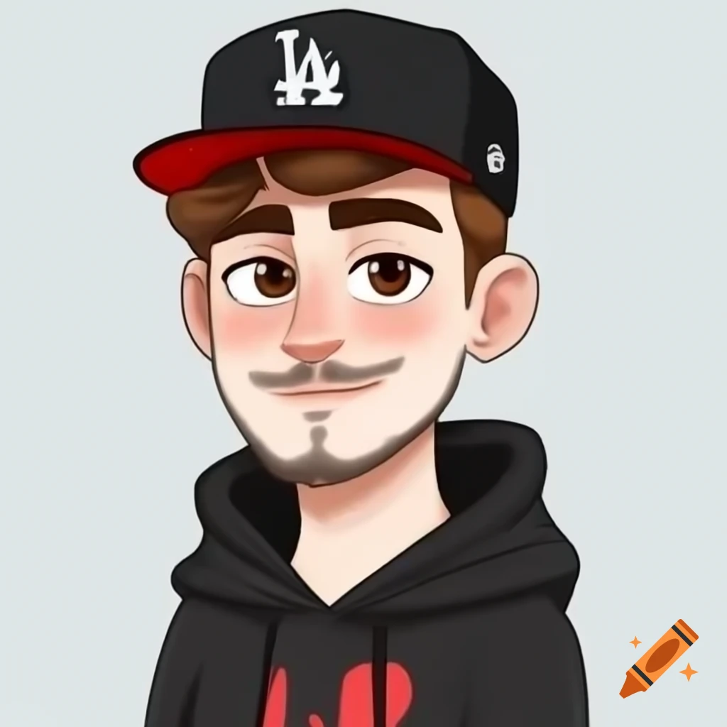 Cartoon drawing of young man in black hoodie and Dodgers cap with confident smile