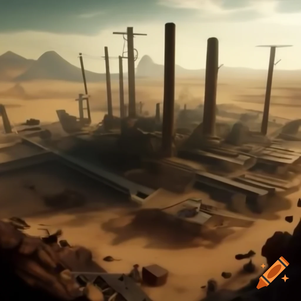 Post-apocalyptic ruins of power plant in desert landscape
