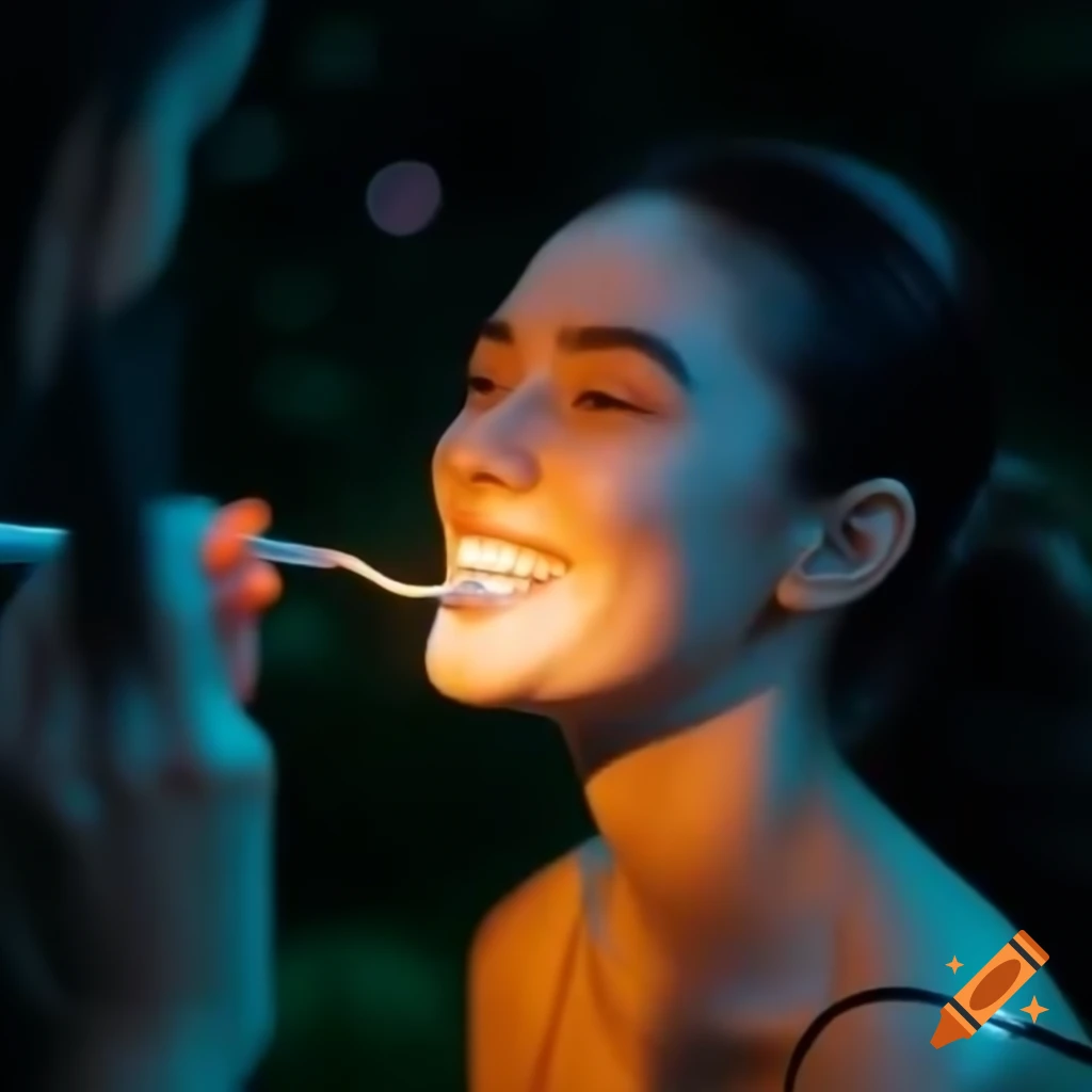 Dentist providing oral hygiene care at night, both smiling