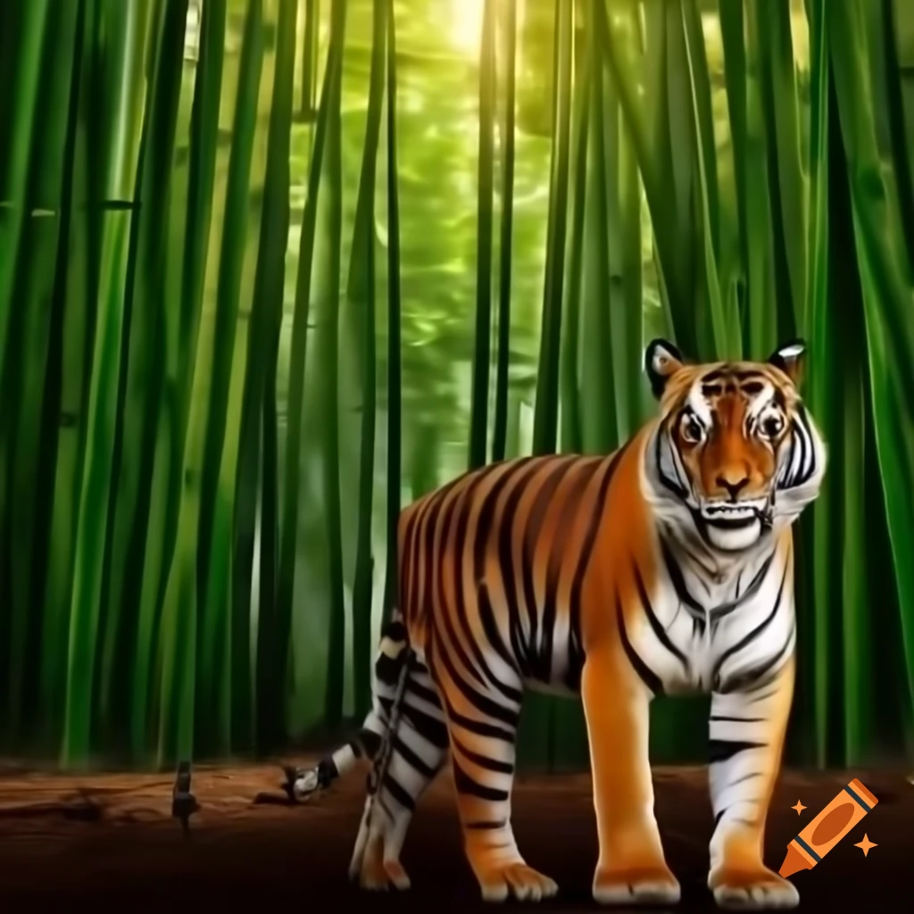 Photorealistic full-body tiger in profile in front of bamboo forest