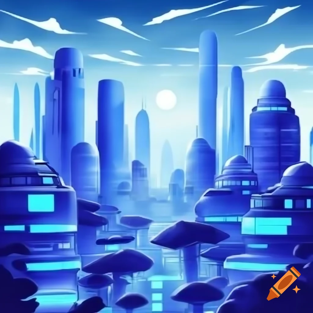 Futuristic city with illuminated rectangular buildings and bright blue stripes at night