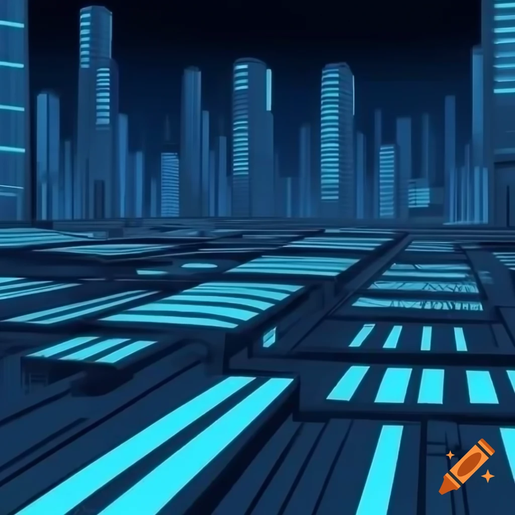 Futuristic city with illuminated rectangular buildings and bright blue stripes at night
