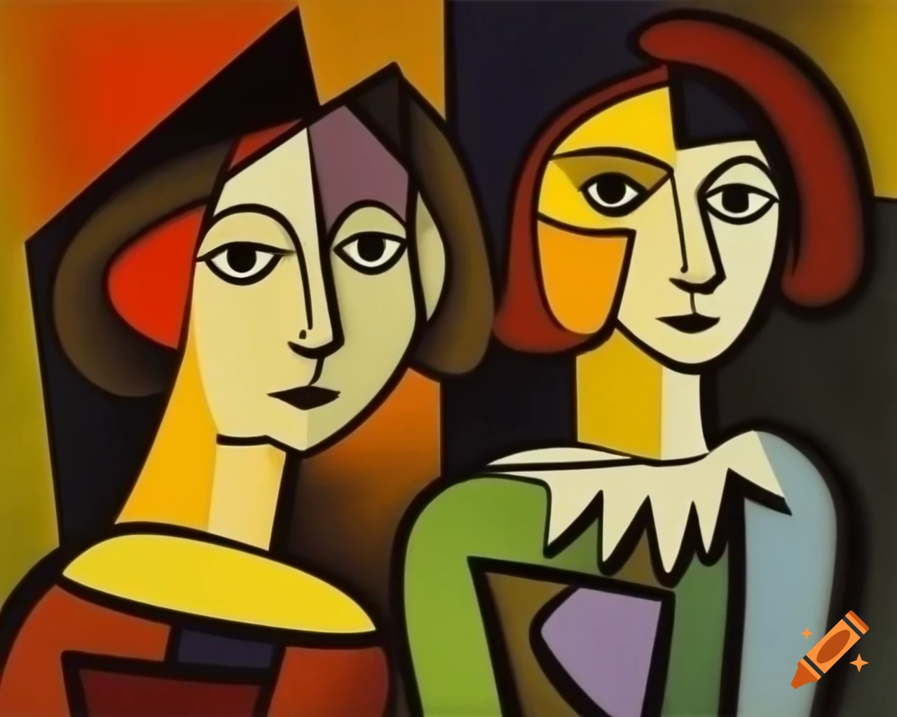 Cubist painting of women inspired by Norman Rockwell and Paul Klee