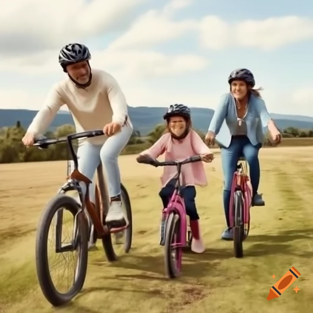 Family riding bikes joyfully through the countryside