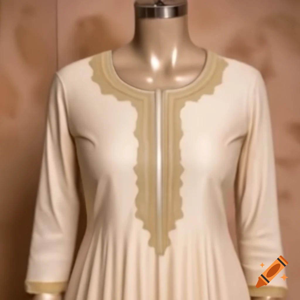 Beige Anarkali kurti with silken shimmer and golden embroidery displayed on mannequin