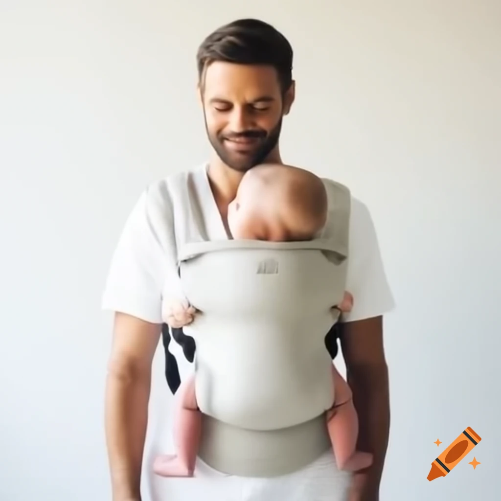 Man with baby carrier holding a white baby