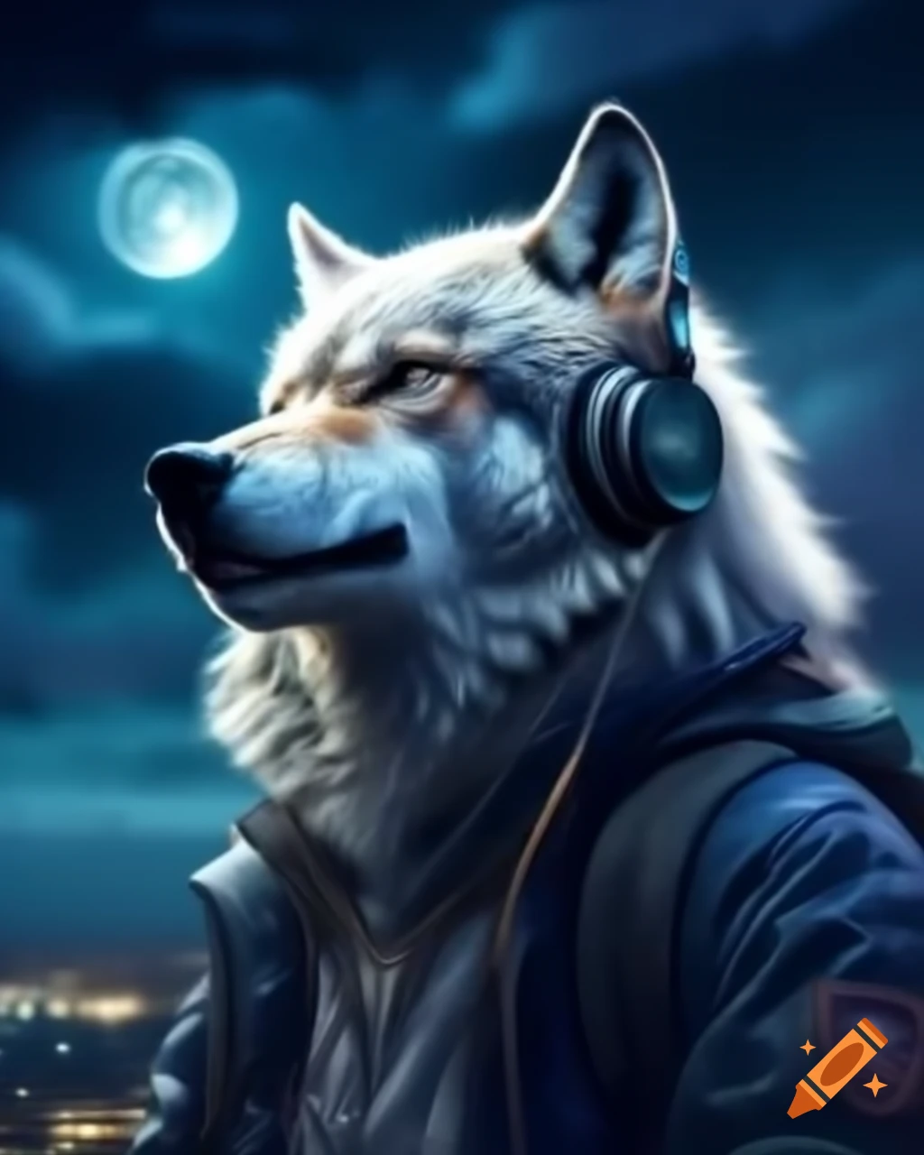 Angry white wolf wearing headphones in moonlight