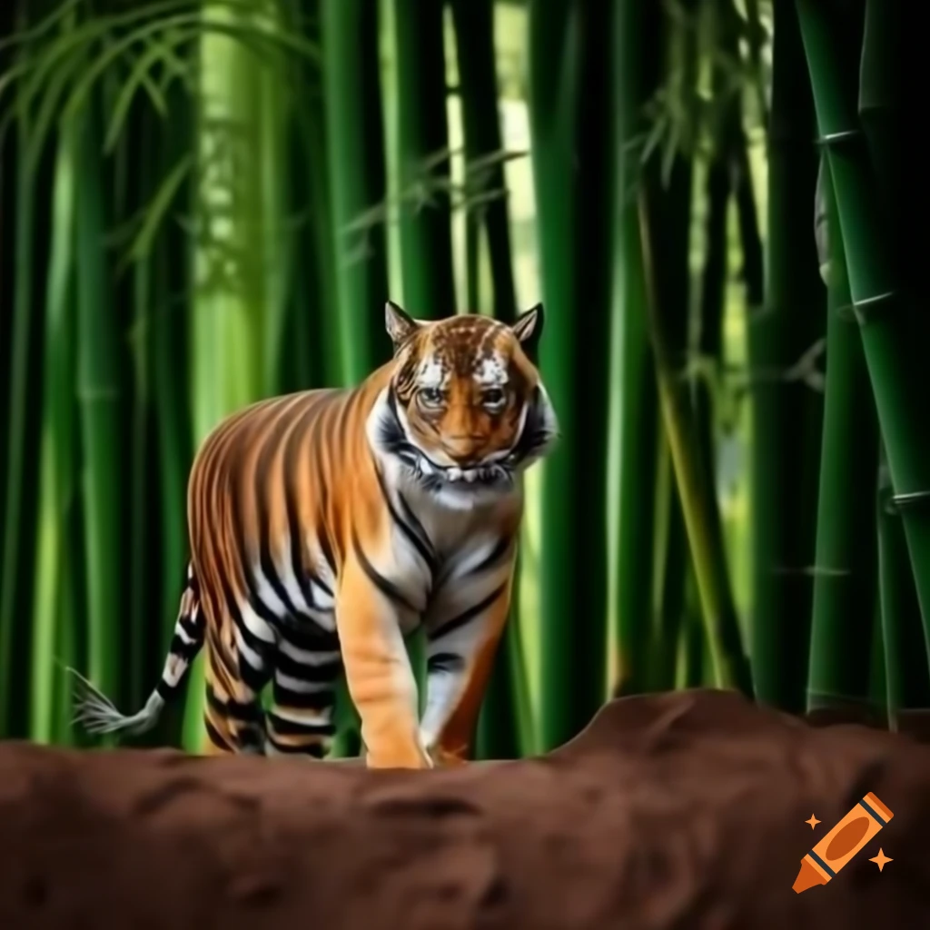 Photorealistic full-body tiger in profile before bamboo forest