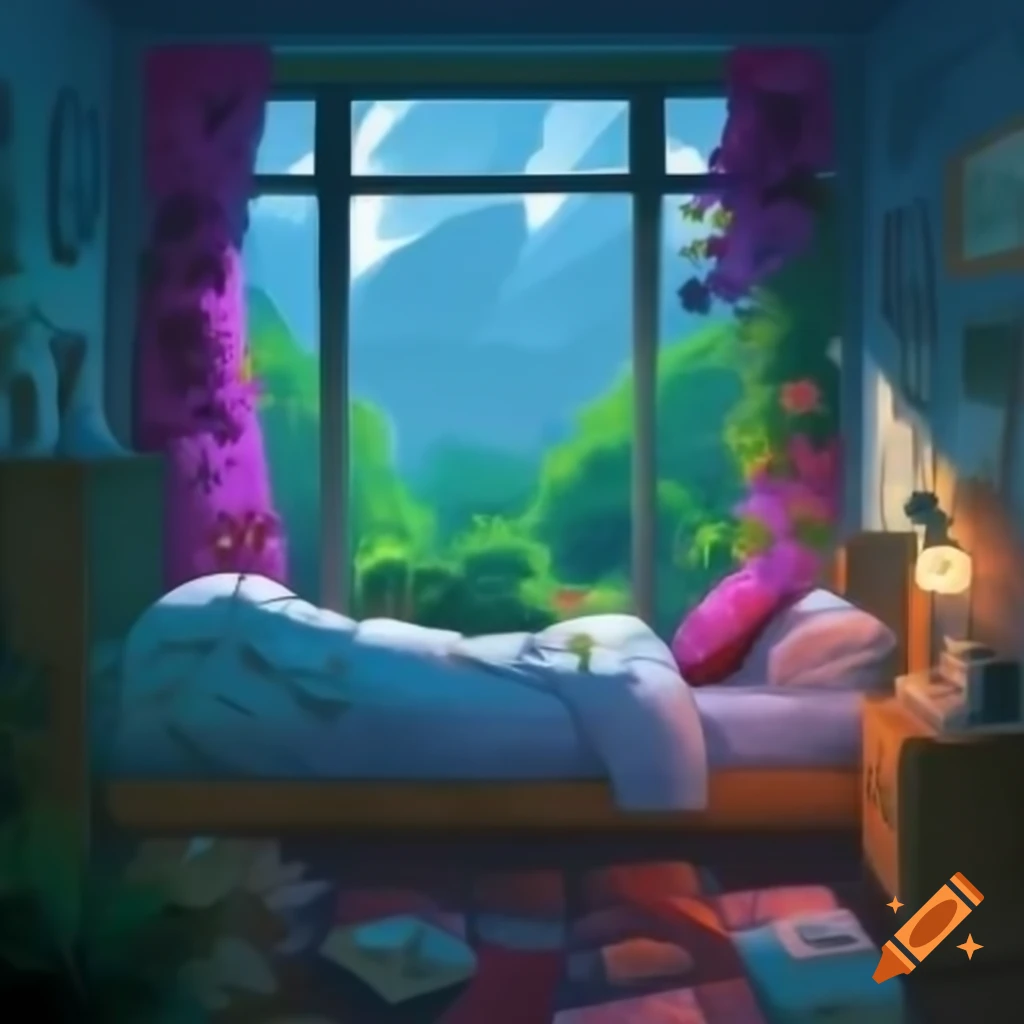 Cozy room with large window overlooking greenery, huge bed with strawberry linens and LED lights, book and teddy bear on bed