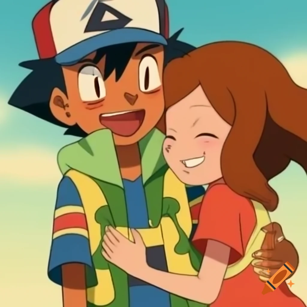 African American Ash Ketchum hugging and laughing with larger African American Kyoka Jirou, darker tones