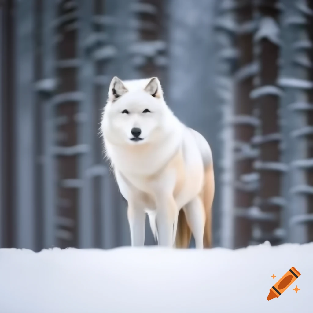 Majestic white wolf in snowy forest with golden-amber eyes