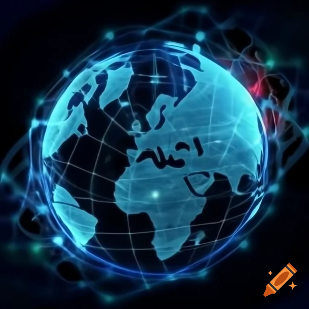 Digital globe featuring a network map with blue, strong red, and green colors