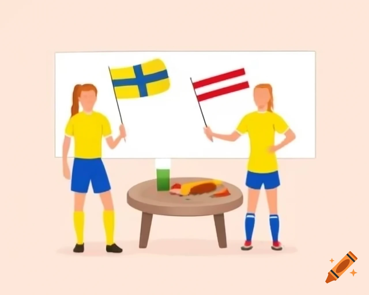 Screening women's football game between Sweden and Germany with sausage platter