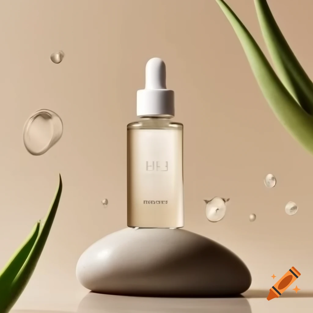 Minimalist luxurious hydrating facial serum in glass bottle on stone surface with water droplets