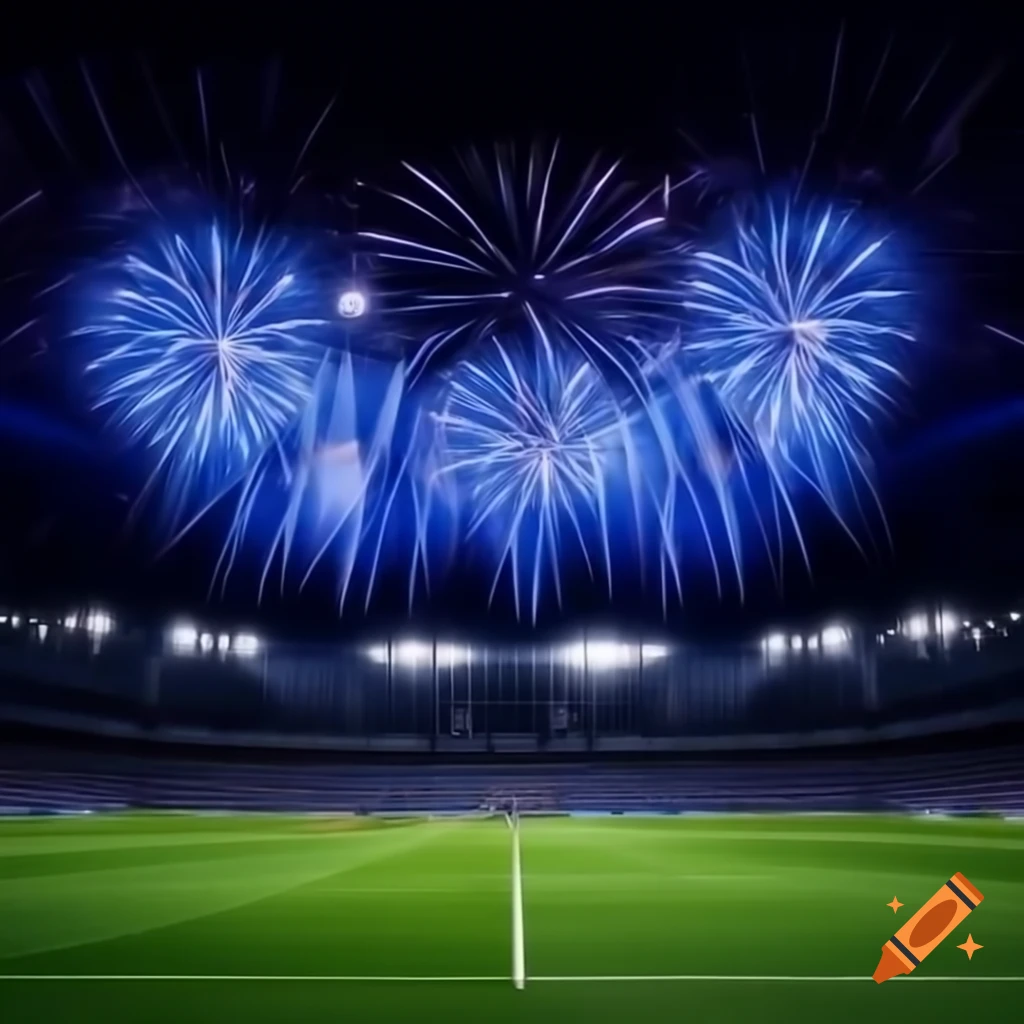 Blue fireworks lighting up dark sky over football stadium during UEFA Champions League finals