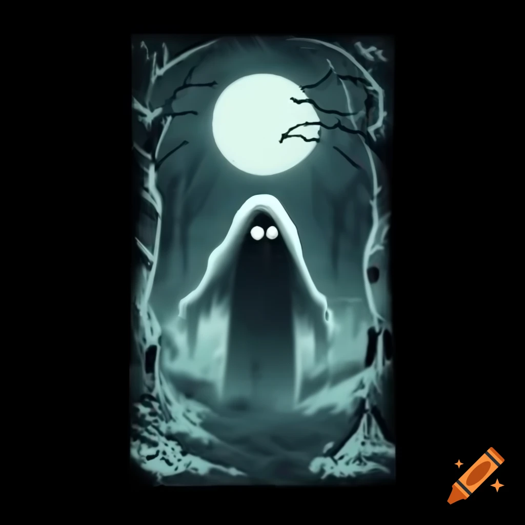 Stylized semi-transparent ghost design with glowing eyes in portrait layout