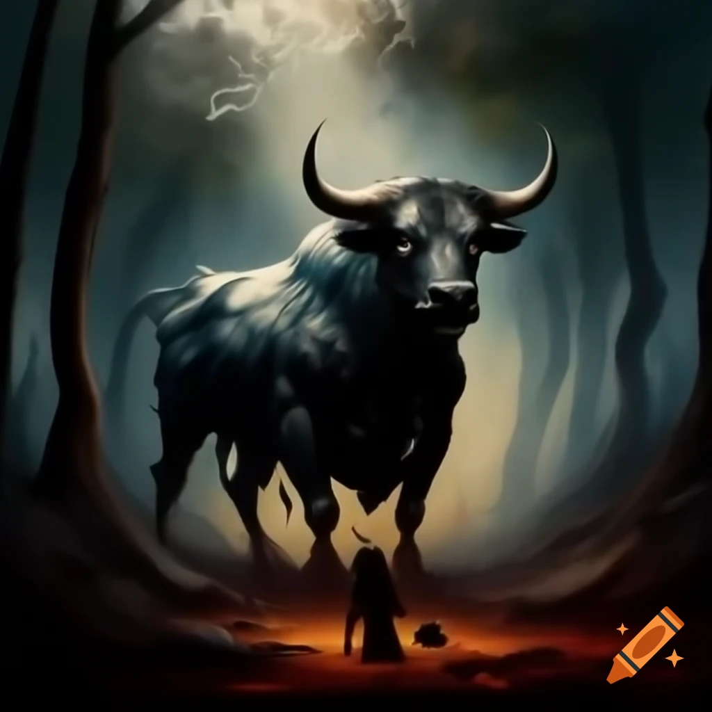 Dangerous bull in forest clearing with small woman in silhouette, impressionistic style