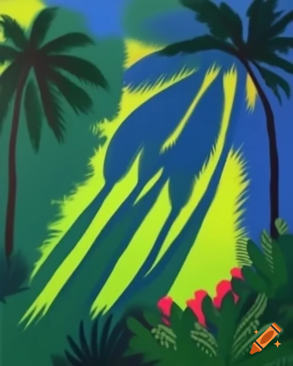 Matisse-style painting of palm tree shadows and silhouettes with decorative elements
