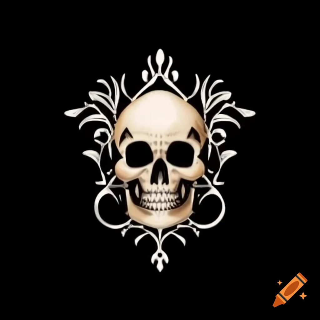 Ornamental skull logo with scroll design