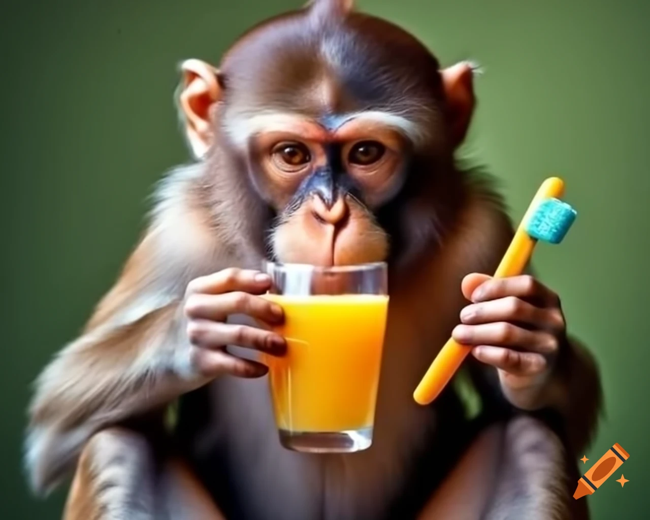 Monkey drinking orange juice with toothbrush, highly realistic CGI