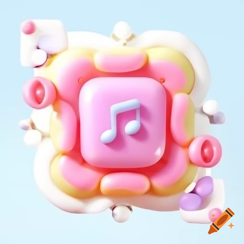Top-down digital illustration of pastel pink marshmallow button with red music note