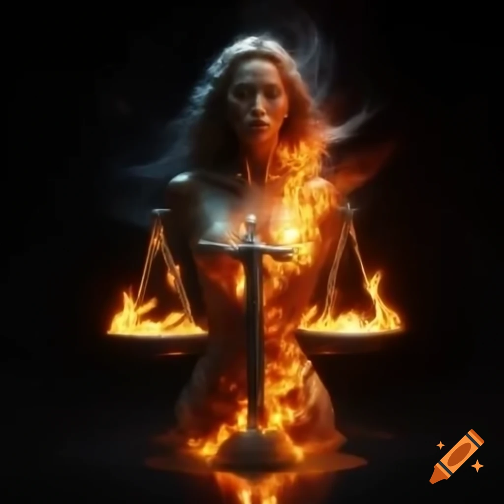 Fiery balance symbolizing justice held by a woman