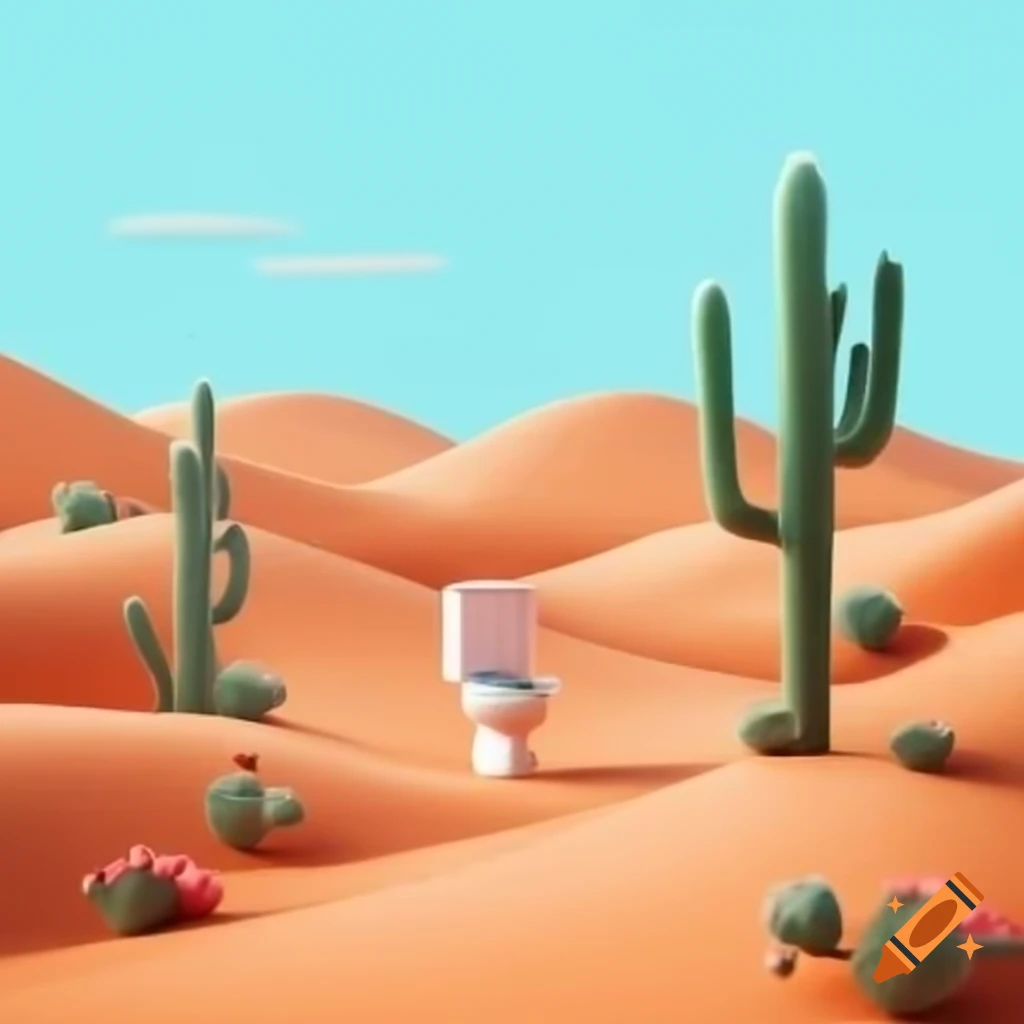 Flat desert landscape featuring cactuses and a single toilet