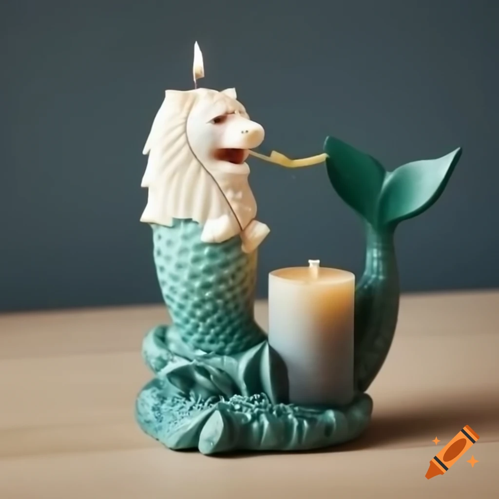 Merlion candle holder with tail supporting the candle
